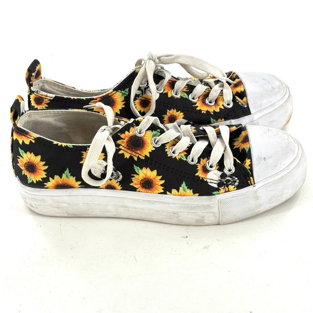 Hot Topic Sunflower Skull Sneakers 10 Black Yellow Whimsy Fairy Goth Grunge